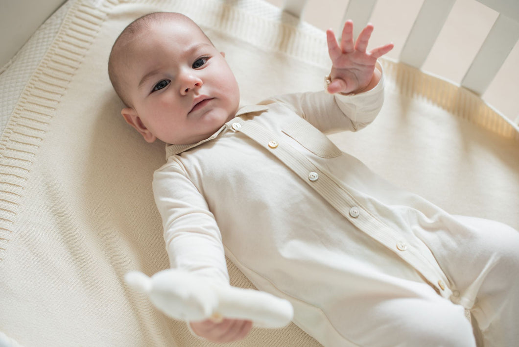 Tutina bimbo con colletto NaturaPura/ Jersey babygrow with striped fabric - HOPLA' PARMA Baby Collections