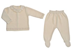 Completino nascita in maglia NaturaPura/ Knitted shirt with voile collar and pants set - HOPLA' PARMA Baby Collections