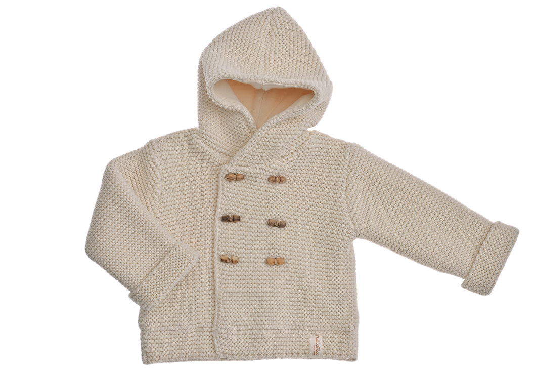 Cappottino Bart NaturaPura/  Knitted hooded jacket with wooden buttons - HOPLA' PARMA Baby Collections